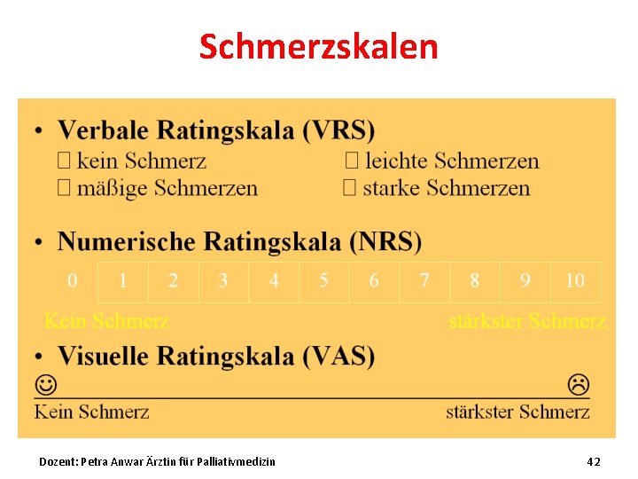 Schmerzskalen Dozent: Petra Anwar Ärztin für Palliativmedizin 42 