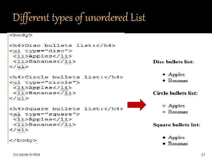 Different types of unordered List Ins. samia Al-Blwi 23 