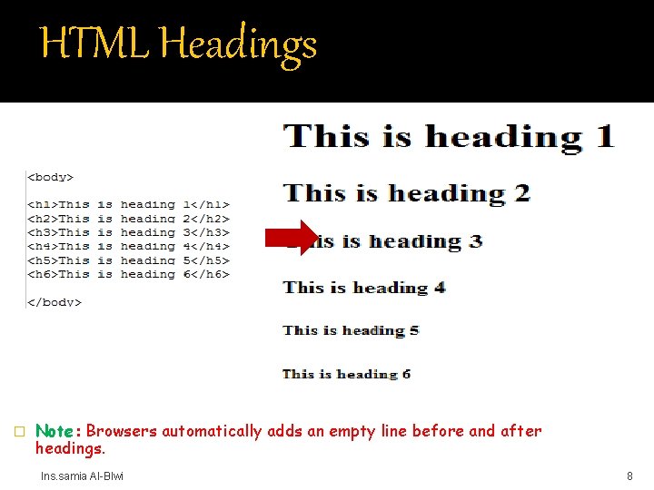 HTML Headings � Note: Browsers automatically adds an empty line before and after headings.
