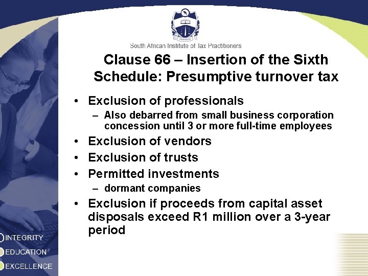 Clause 66 – Insertion of the Sixth Schedule: Presumptive turnover tax • Exclusion of