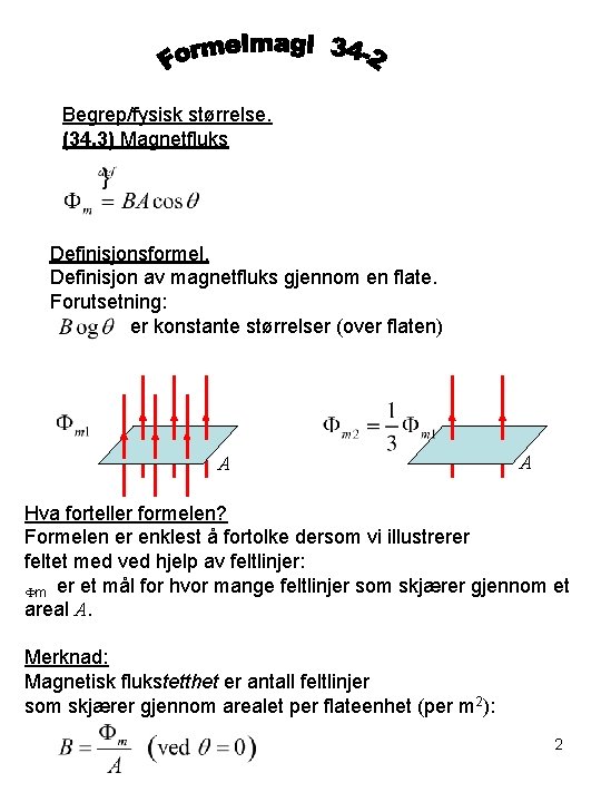 Begrep/fysisk størrelse. (34. 3) Magnetfluks Definisjonsformel. Definisjon av magnetfluks gjennom en flate. Forutsetning: er