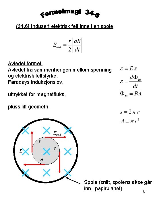 (34. 6) Indusert elektrisk felt inne i en spole Avledet formel. Avledet fra sammenhengen