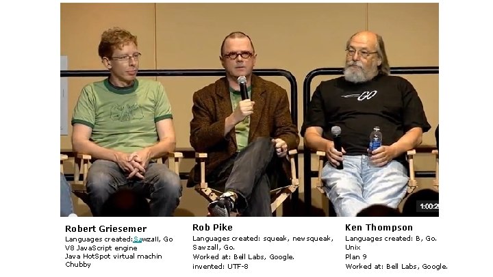 Robert Griesemer Languages created: Sawzall, Go V 8 Java. Script engine Java Hot. Spot