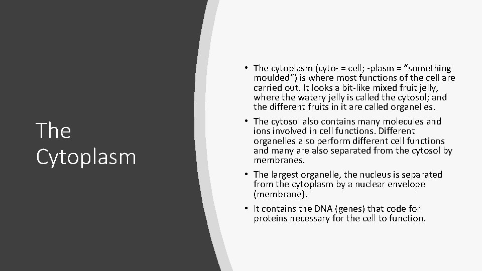 The Cytoplasm • The cytoplasm (cyto- = cell; -plasm = “something moulded”) is where The Cytoplasm • The cytoplasm (cyto- = cell; -plasm = “something moulded”) is where
