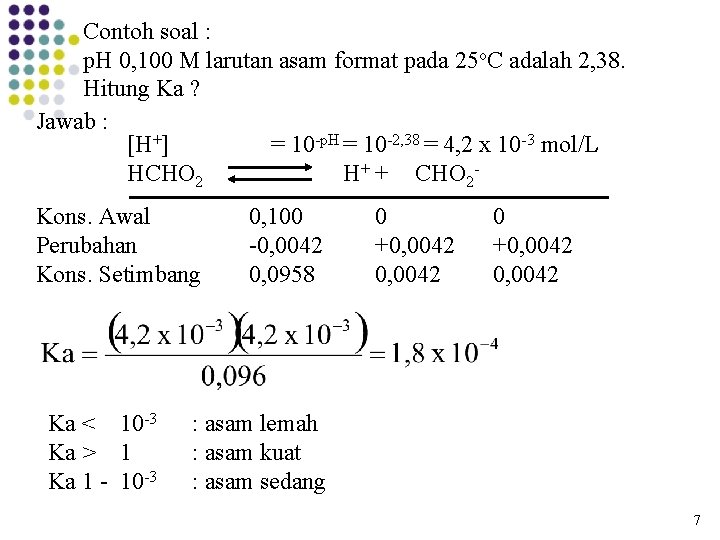 Contoh soal : p. H 0, 100 M larutan asam format pada 25 o. Contoh soal : p. H 0, 100 M larutan asam format pada 25 o.