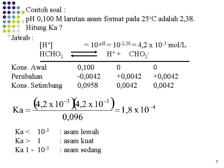 Contoh soal : p. H 0, 100 M larutan asam format pada 25 o.