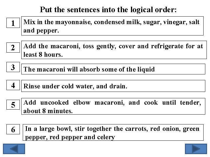 Put the sentences into the logical order: 1 Mix in the mayonnaise, condensed milk,