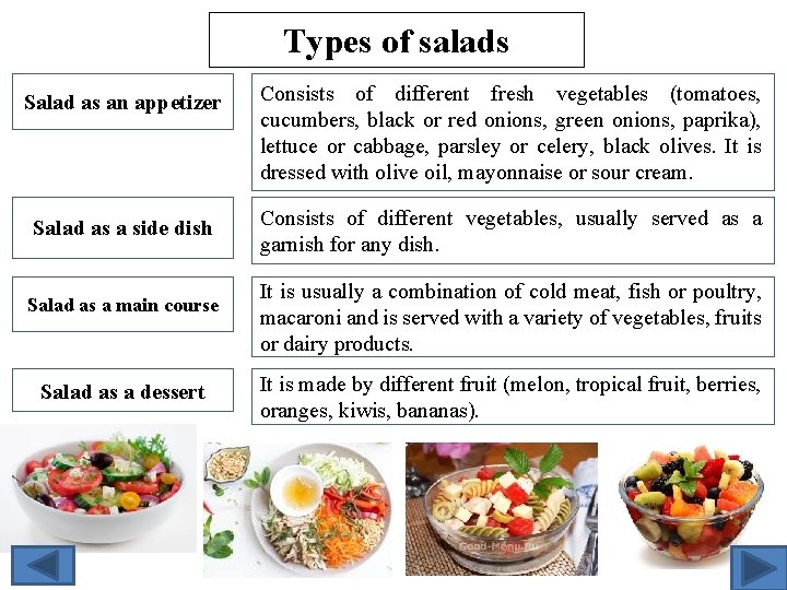 Types of salads Salad as an appetizer Consists of different fresh vegetables (tomatoes, cucumbers,