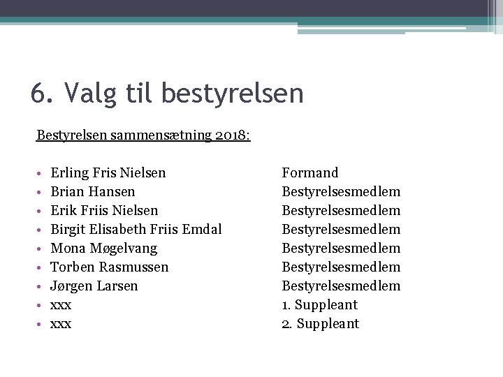 6. Valg til bestyrelsen Bestyrelsen sammensætning 2018: • • • Erling Fris Nielsen Brian