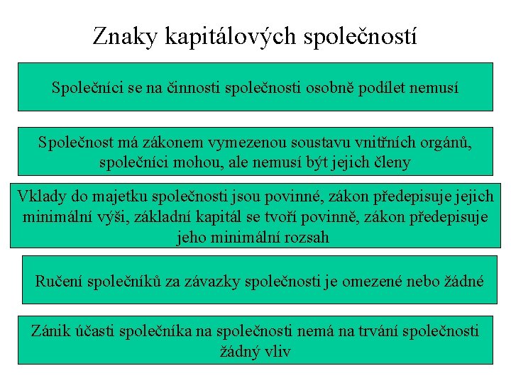 Znaky kapitálových společností Společníci se na činnosti společnosti osobně podílet nemusí Společnost má zákonem