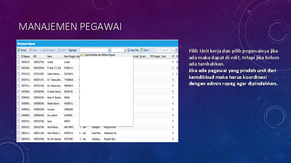 MANAJEMEN PEGAWAI Pilih Unit kerja dan pilih pegawainya jika ada maka dapat di edit,