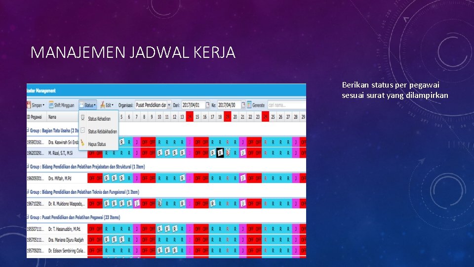 MANAJEMEN JADWAL KERJA Berikan status per pegawai sesuai surat yang dilampirkan 