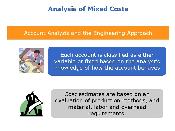 Analysis of Mixed Costs Account Analysis and the Engineering Approach Each account is classified