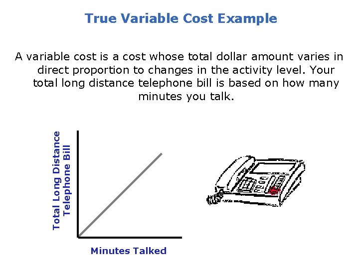 True Variable Cost Example Total Long Distance Telephone Bill A variable cost is a