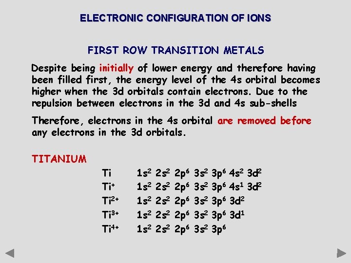 ELECTRONIC CONFIGURATION OF IONS FIRST ROW TRANSITION METALS Despite being initially of lower energy