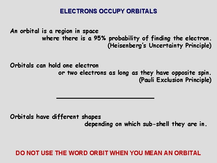 ELECTRONS OCCUPY ORBITALS An orbital is a region in space where there is a