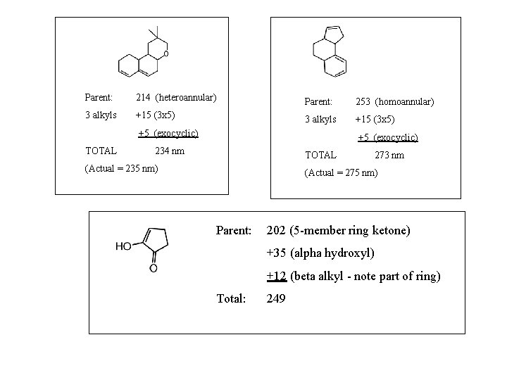 Parent: 214 (heteroannular) Parent: 253 (homoannular) 3 alkyls +15 (3 x 5) +5 (exocyclic)