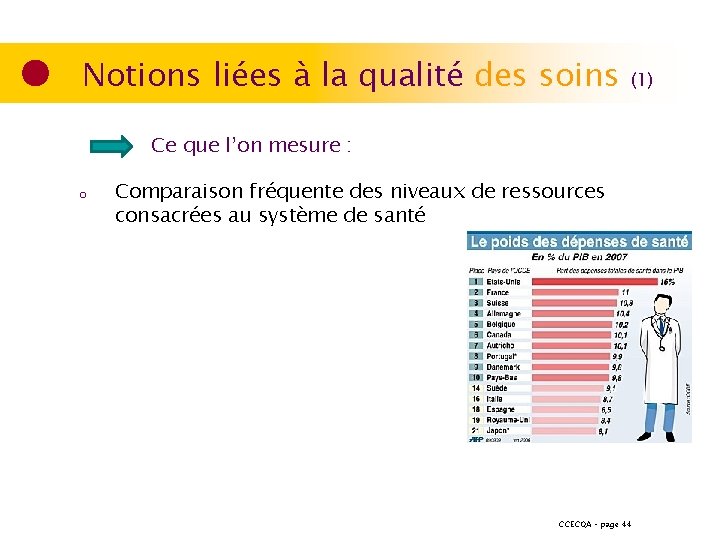 Notions liées à la qualité des soins (1) Ce que l’on mesure : o