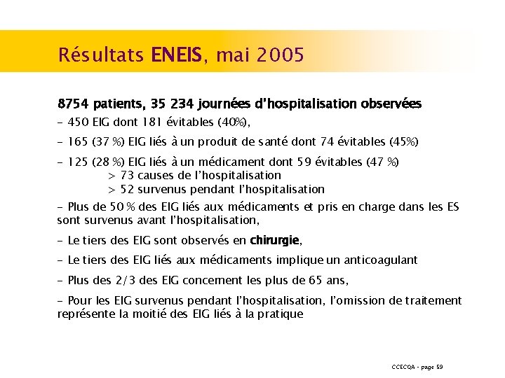 Résultats ENEIS, mai 2005 8754 patients, 35 234 journées d’hospitalisation observées - 450 EIG