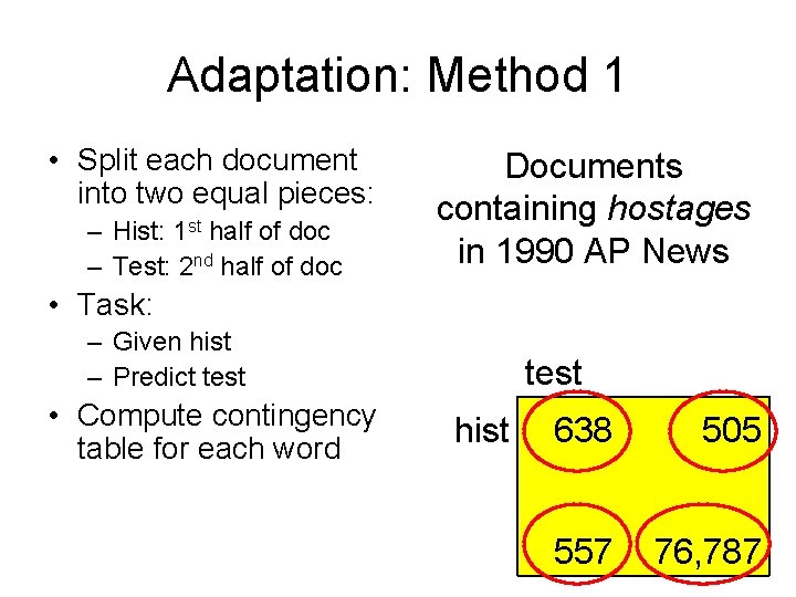 Adaptation: Method 1 • Split each document into two equal pieces: – Hist: 1