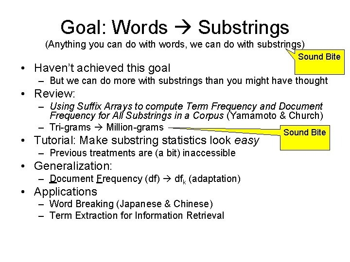 Goal: Words Substrings (Anything you can do with words, we can do with substrings)