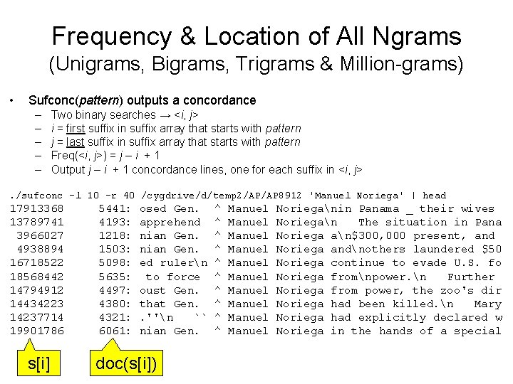 Frequency & Location of All Ngrams (Unigrams, Bigrams, Trigrams & Million-grams) • Sufconc(pattern) outputs