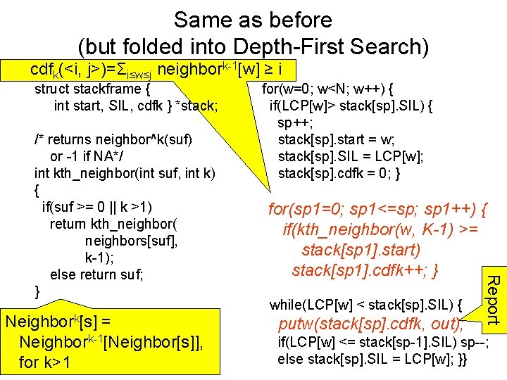 Same as before (but folded into Depth-First Search) cdfk(<i, j>)=Σi≤w≤j neighbork-1[w] ≥ i struct