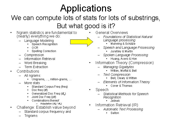 Applications We can compute lots of stats for lots of substrings, But what good