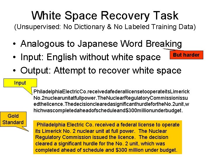 White Space Recovery Task (Unsupervised: No Dictionary & No Labeled Training Data) • Analogous