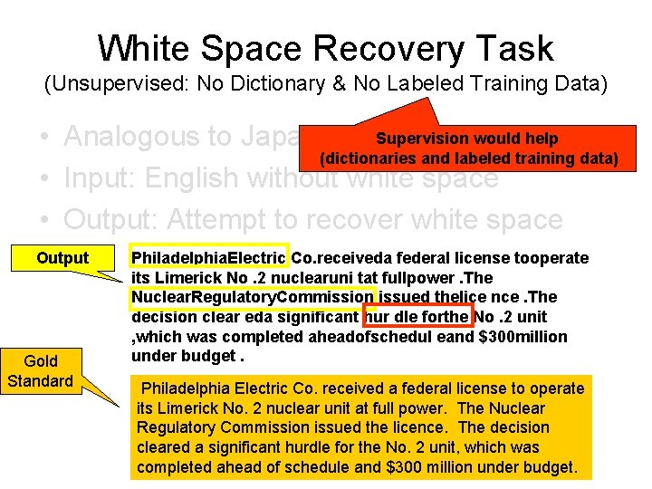 White Space Recovery Task (Unsupervised: No Dictionary & No Labeled Training Data) Supervision would