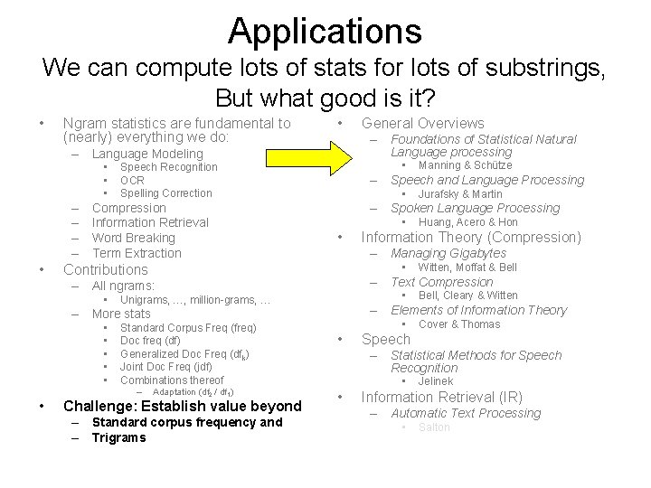 Applications We can compute lots of stats for lots of substrings, But what good