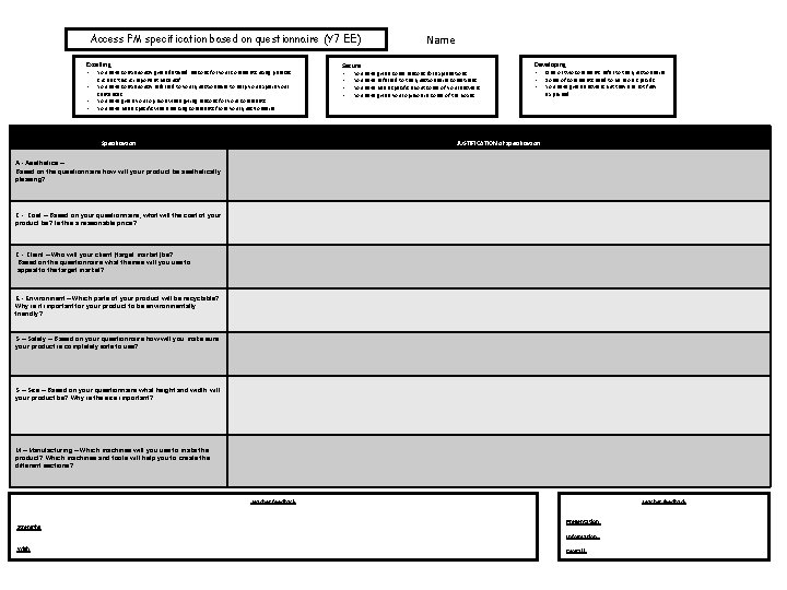 Access FM specification based on questionnaire (Y 7 EE) Excelling • You have continuously