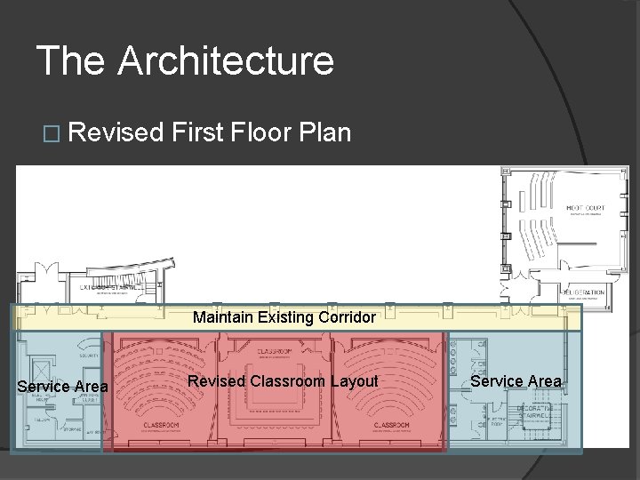 The Architecture � Revised First Floor Plan Maintain Existing Corridor Service Area Revised Classroom