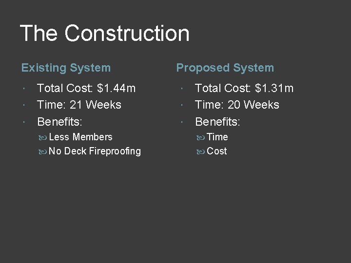 The Construction Existing System Total Cost: $1. 44 m Time: 21 Weeks Benefits: Proposed
