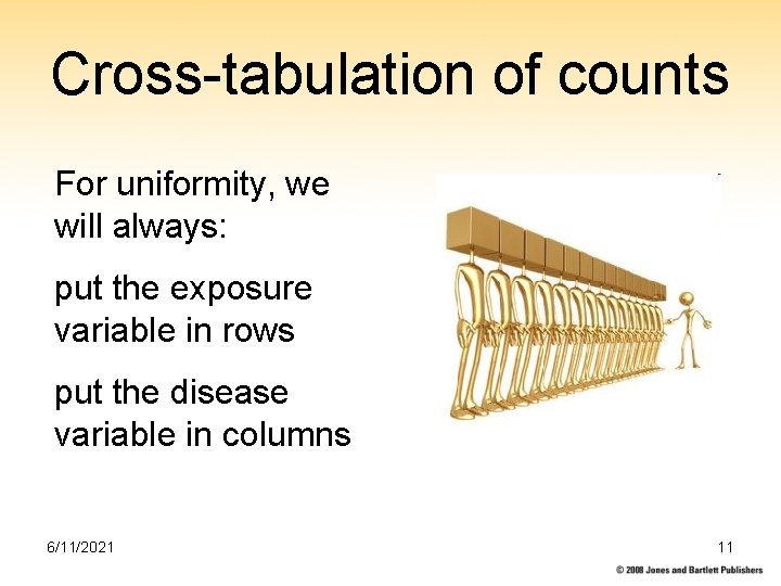 Cross-tabulation of counts For uniformity, we will always: put the exposure variable in rows