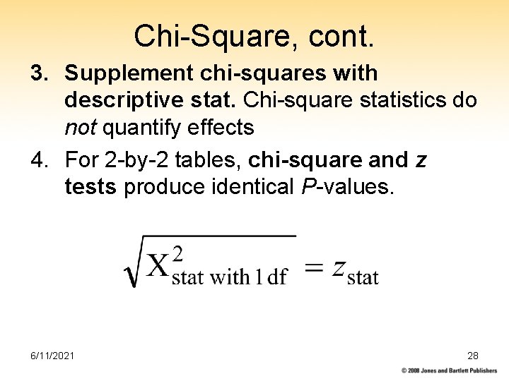 Chi-Square, cont. 3. Supplement chi-squares with descriptive stat. Chi-square statistics do not quantify effects