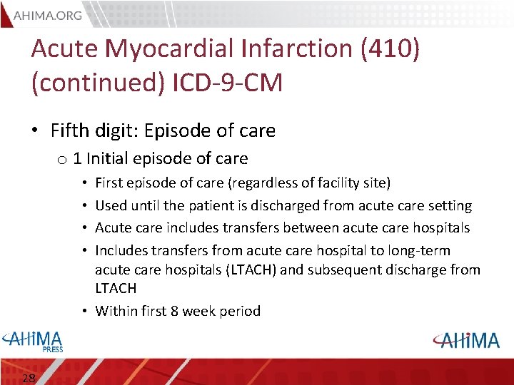 Acute Myocardial Infarction (410) (continued) ICD-9 -CM • Fifth digit: Episode of care o