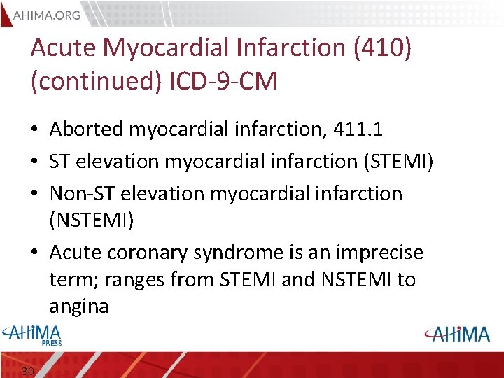 Acute Myocardial Infarction (410) (continued) ICD-9 -CM • Aborted myocardial infarction, 411. 1 •