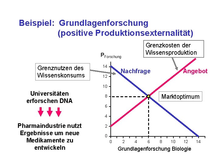 Beispiel: Grundlagenforschung (positive Produktionsexternalität) Grenzkosten der Wissensproduktion PForschung Grenznutzen des Wissenskonsums 14 Nachfrage 12