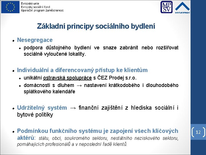 Základní principy sociálního bydlení Nesegregace Individuální a diferencovaný přístup ke klientům podpora důstojného bydlení