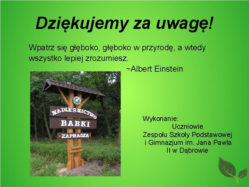 Dziękujemy za uwagę! Wpatrz się głęboko, głęboko w przyrodę, a wtedy wszystko lepiej zrozumiesz.