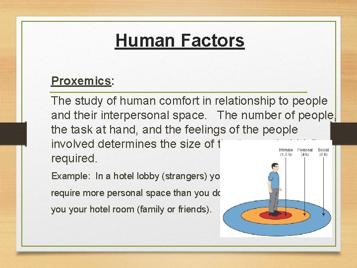 Human Factors Proxemics: The study of human comfort in relationship to people and their