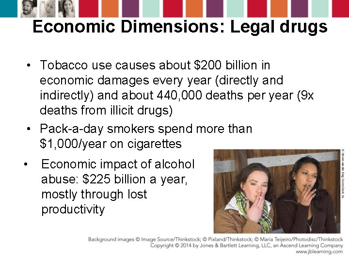 Economic Dimensions: Legal drugs • Tobacco use causes about $200 billion in economic damages