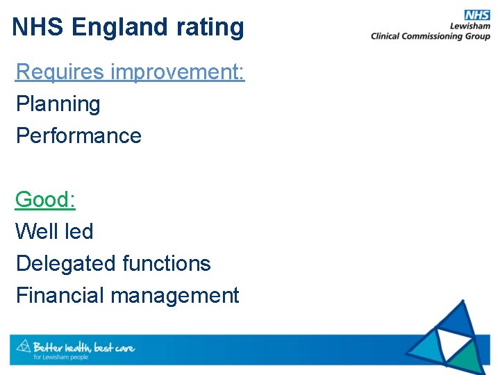 NHS England rating Requires improvement: Planning Performance Good: Well led Delegated functions Financial management