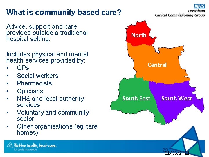 What is community based care? Advice, support and care provided outside a traditional hospital