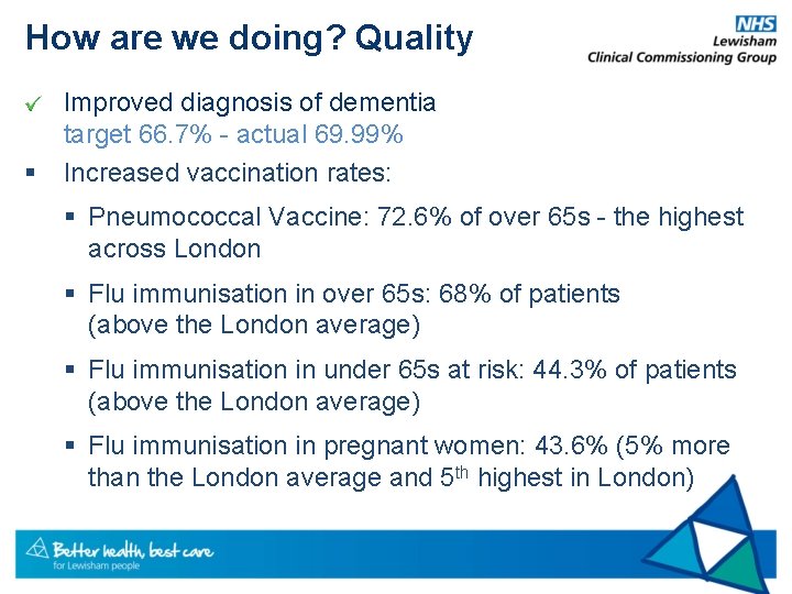 How are we doing? Quality § Improved diagnosis of dementia target 66. 7% -