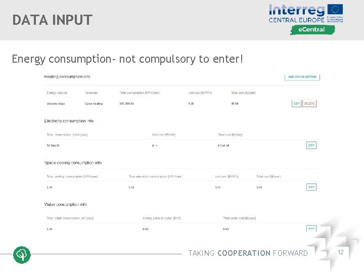 DATA INPUT Energy consumption- not compulsory to enter! TAKING COOPERATION FORWARD 12 