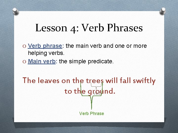 Lesson 4: Verb Phrases O Verb phrase: the main verb and one or more