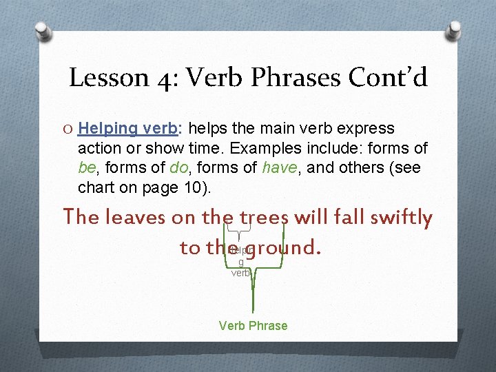 Lesson 4: Verb Phrases Cont’d O Helping verb: helps the main verb express action