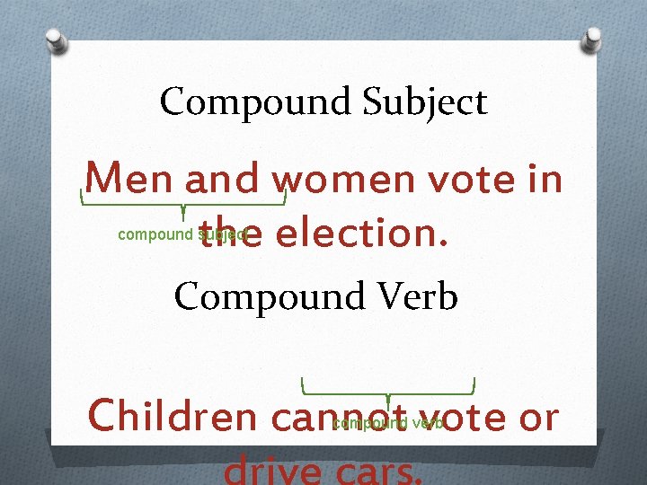 Compound Subject Men and women vote in the election. compound subject Compound Verb Children